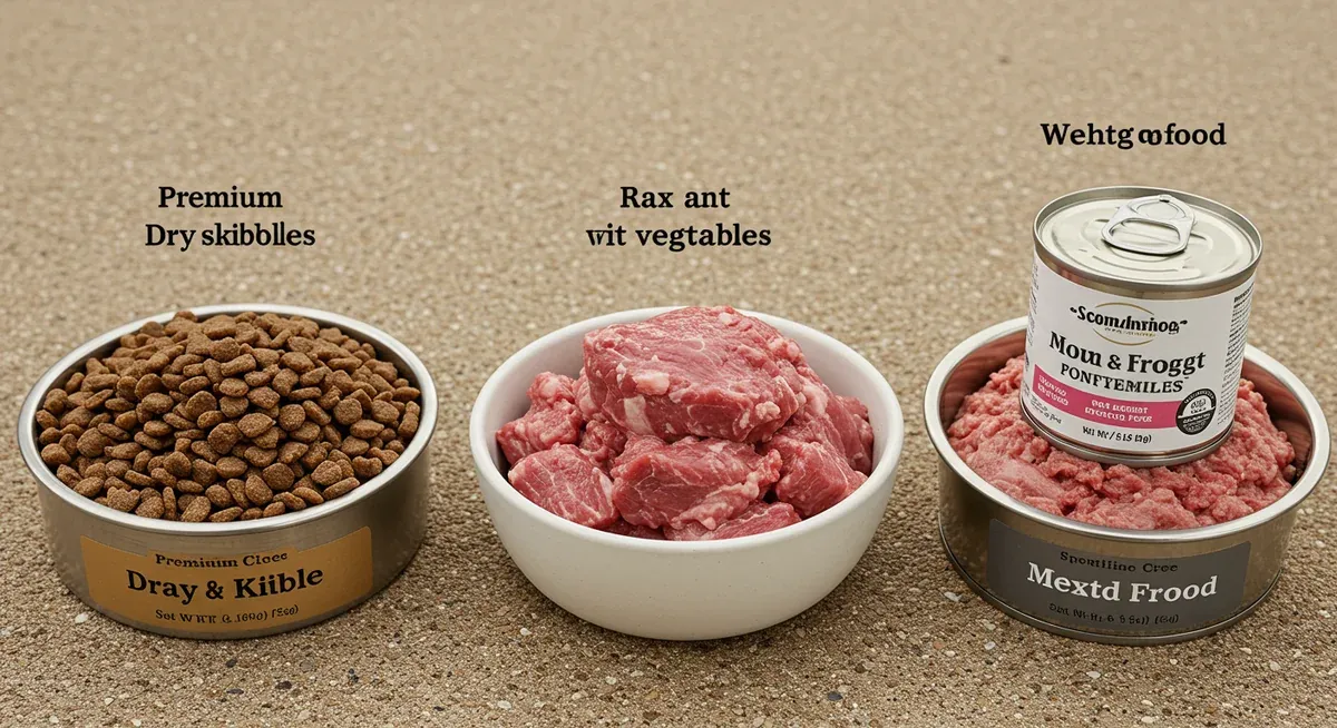 Three different dog food options - kibble, raw food, and wet food - arranged side by side to compare feeding methods for Border Collies