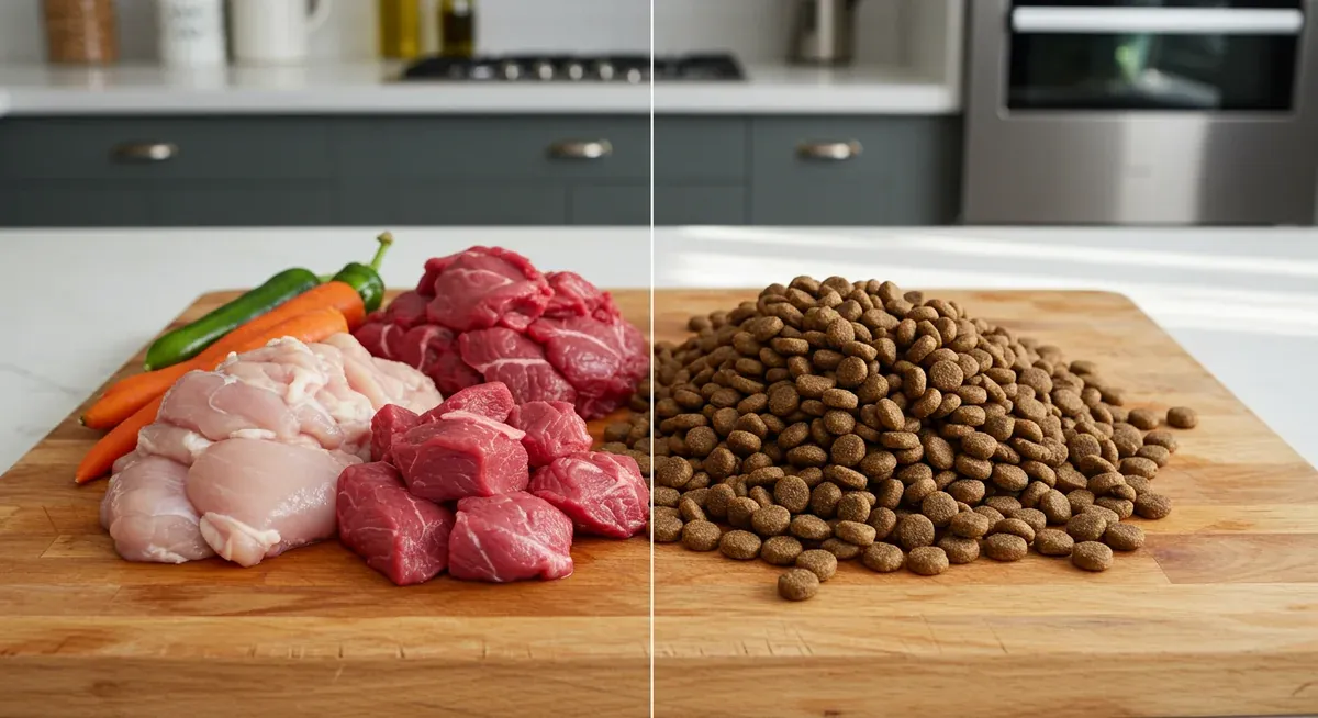 Side-by-side comparison of raw meat and vegetables next to premium commercial dog food kibble, illustrating the two main feeding options for Shiba Inus