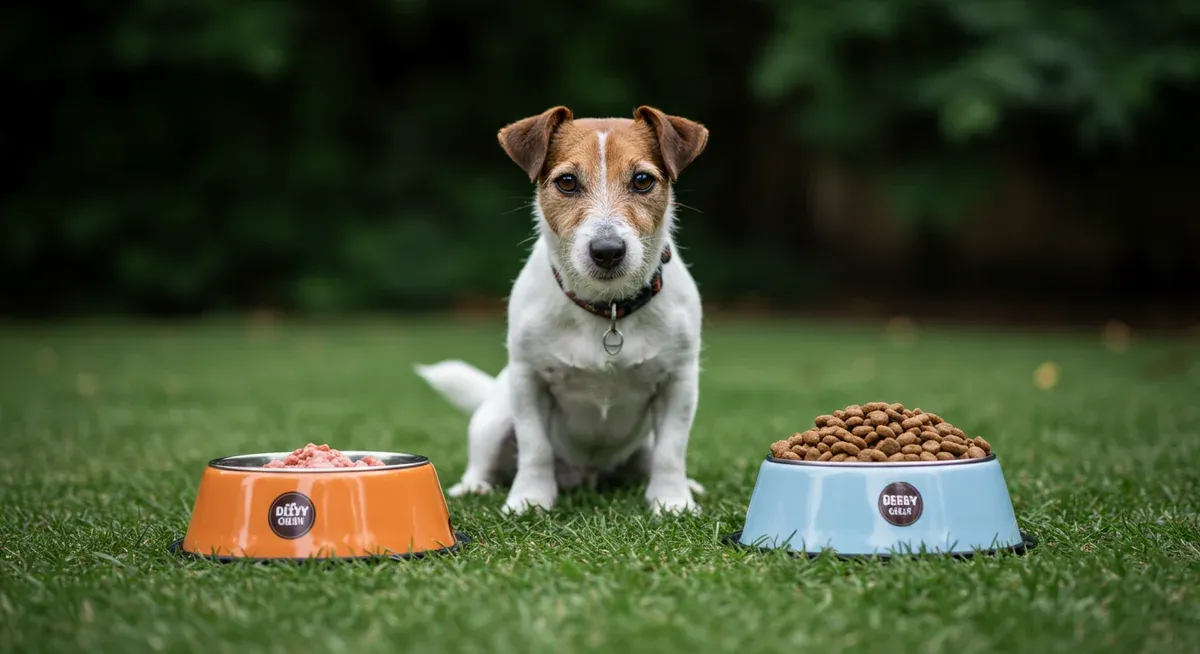 Jack Russell Terrier between two food bowls containing wet canned food and dry kibble, illustrating different feeding options for the breed