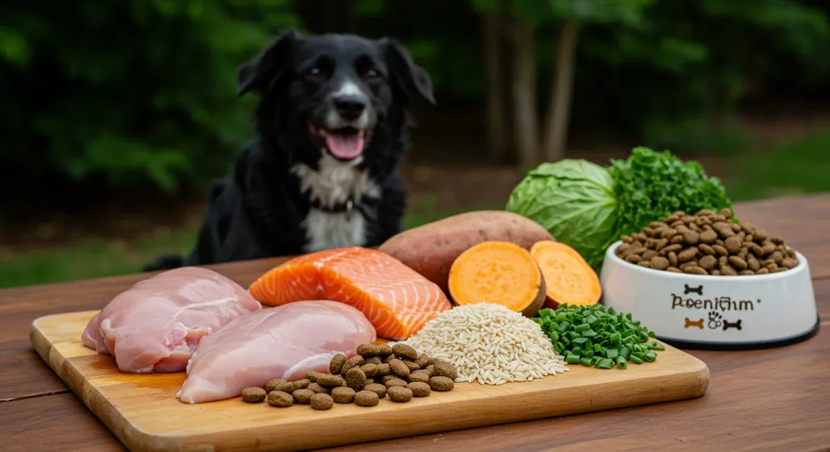High-quality dog food ingredients including protein sources, complex carbohydrates, and vegetables displayed alongside premium kibble, illustrating nutritious food choices for Beagles