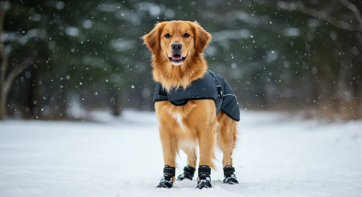A Golden Retriever wearing winter protective gear including a coat and booties in snowy conditions, demonstrating proper cold weather equipment for extreme temperatures