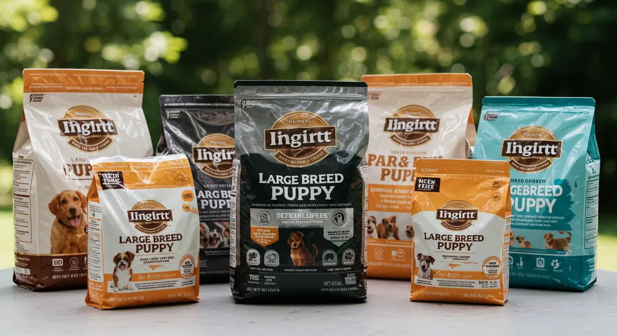 Various bags of high-quality large-breed puppy food showing commercial options suitable for Cane Corso puppies