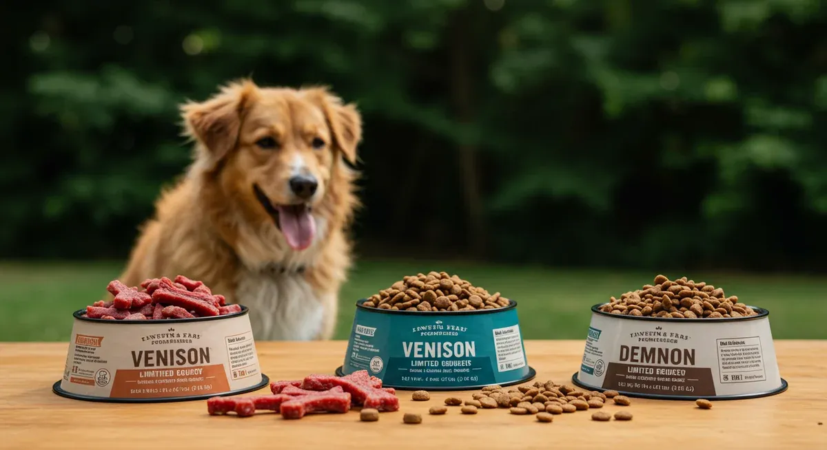 Various high-quality dog food options including novel protein sources and limited ingredient diets suitable for American Staffordshire Terriers with food sensitivities