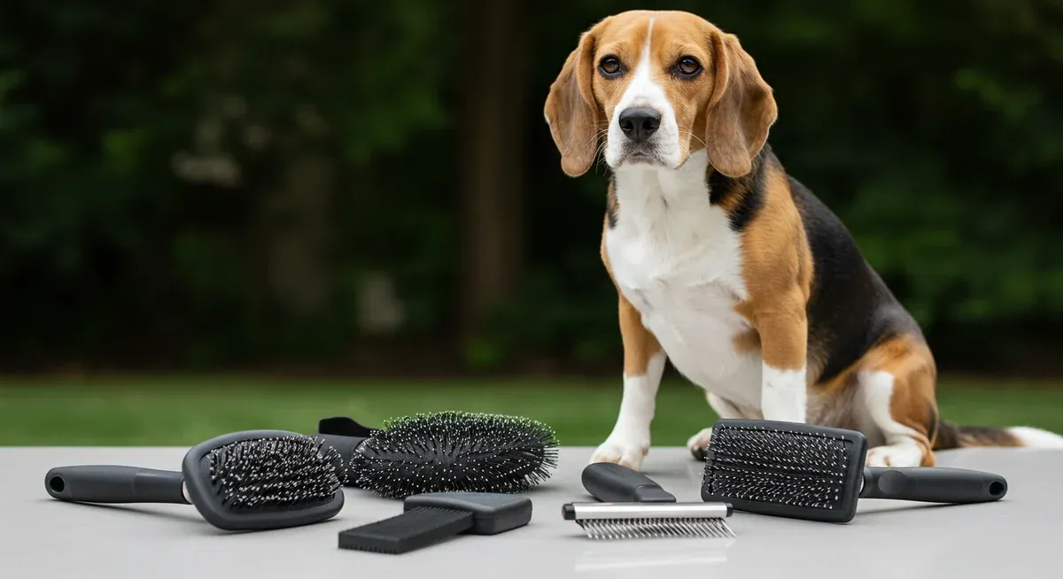 Essential grooming tools for Beagle coat care including brushes, mitts, and de-shedding tools arranged beside a Beagle