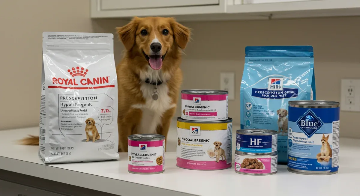 Collection of prescription hypoallergenic dog food products including Royal Canin, Hill's, and Blue Buffalo brands arranged on veterinary clinic counter
