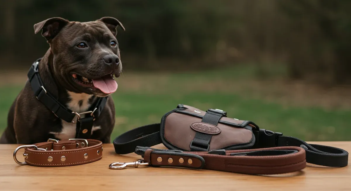 Professional training equipment for Staffordshire Bull Terriers including leather collar, 6-foot lead, and chest harness arranged to show proper gear selection
