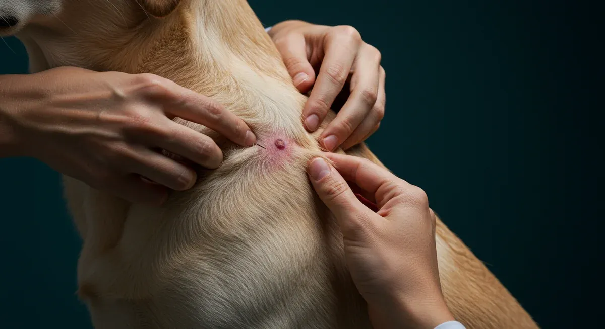 Close-up examination of common Labrador skin condition showing hot spot or irritation being assessed by veterinary professional