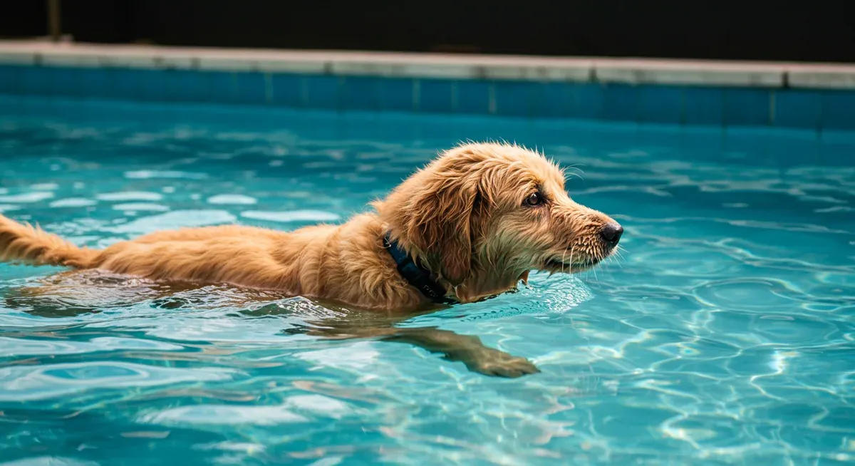 A Goldendoodle swimming in a therapy pool, demonstrating low-impact exercise as part of conservative hip dysplasia management