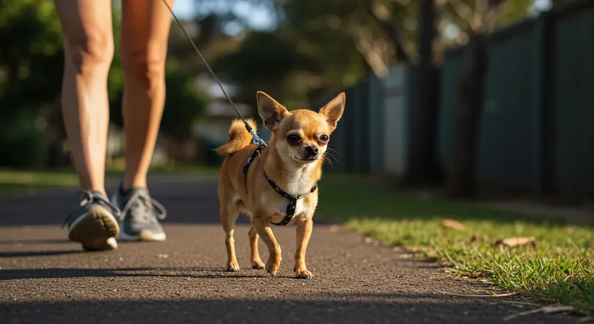 A Chihuahua on a controlled leash walk demonstrating appropriate low-impact exercise for managing mild patellar luxation cases
