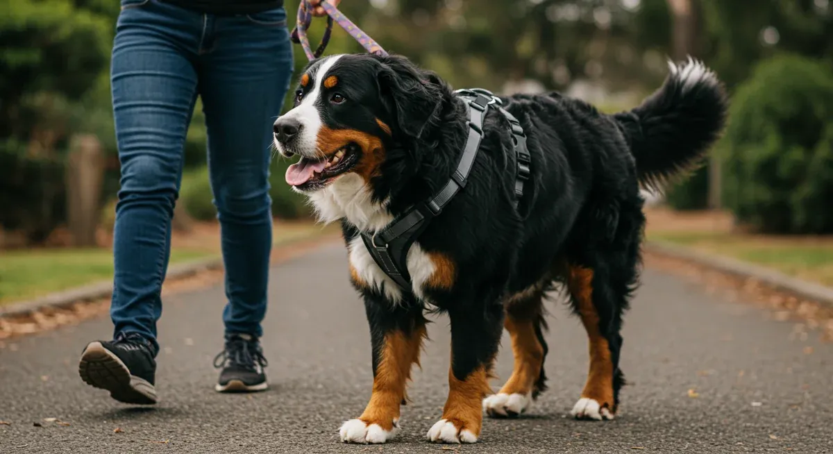 A Bernese Mountain Dog wearing a no-pull harness with front attachment point while walking, showing how the harness provides gentle control and redirection
