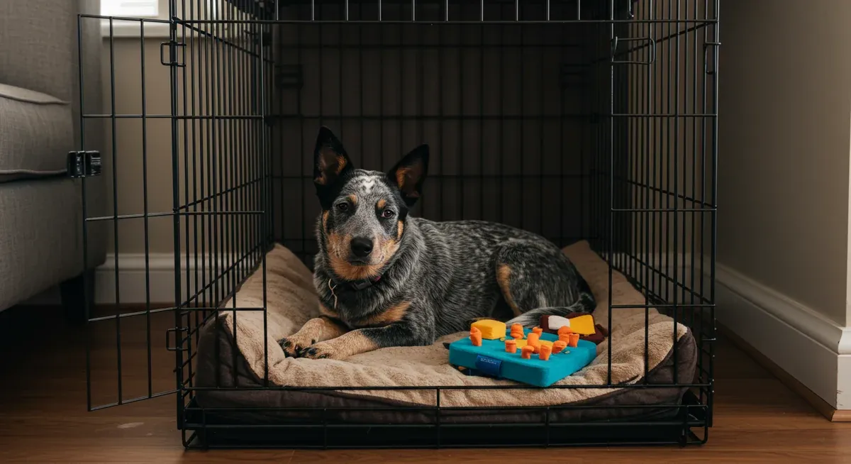 Blue Heeler puppy resting comfortably in a properly-sized training crate with bedding and enrichment toys, illustrating successful crate training setup that accommodates the breed's independent nature and high energy levels
