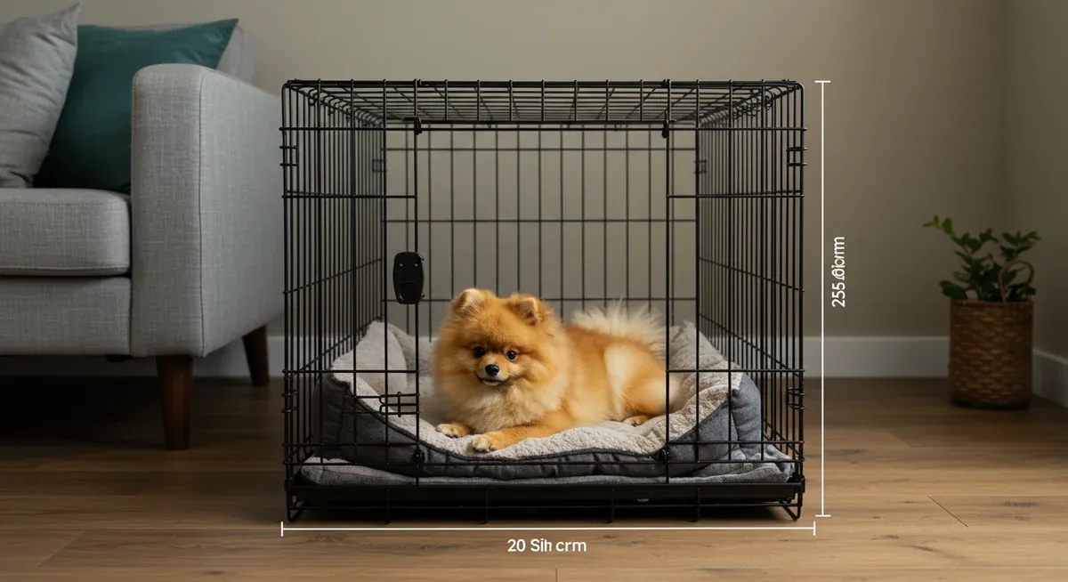 Pomeranian puppy in an appropriately-sized training crate, illustrating proper crate training setup as a foundation tool for house training