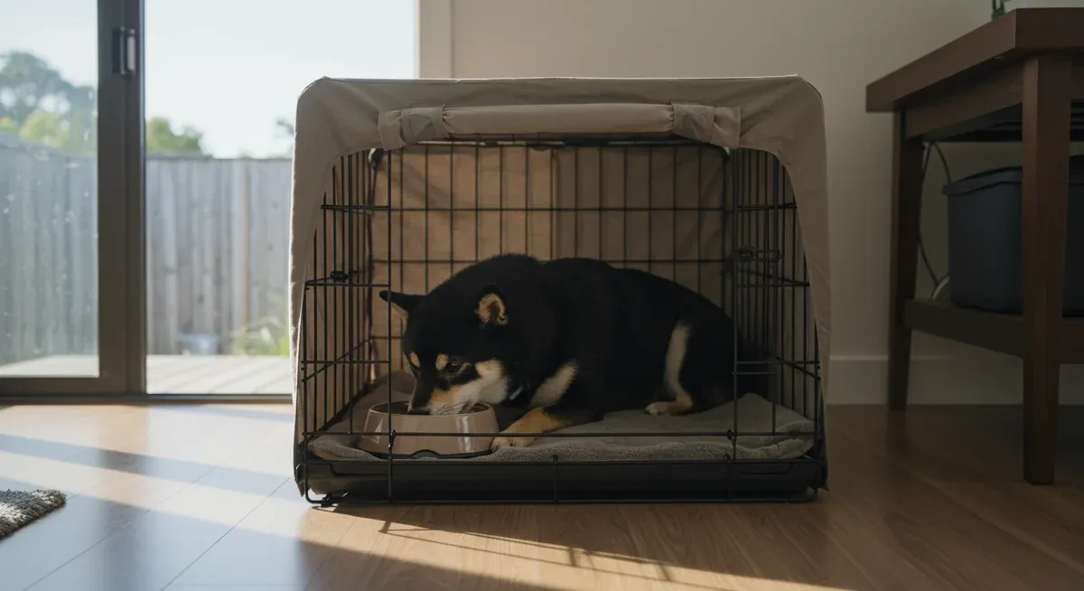 A Shiba Inu peacefully eating inside their covered crate, demonstrating how crate training creates a positive den-like environment that supports overall training success