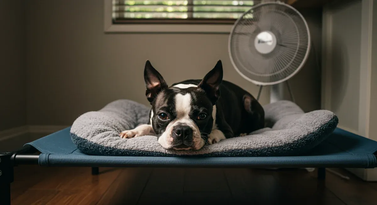 Boston Terrier on an elevated bed in a cool, well-ventilated room showing optimal environmental conditions for dogs with breathing difficulties