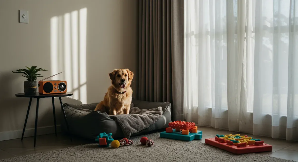 A thoughtfully arranged calming environment for dogs featuring a comfortable bed, puzzle toys, and soft background music, showing environmental enrichment techniques that help manage separation anxiety in sensitive breeds