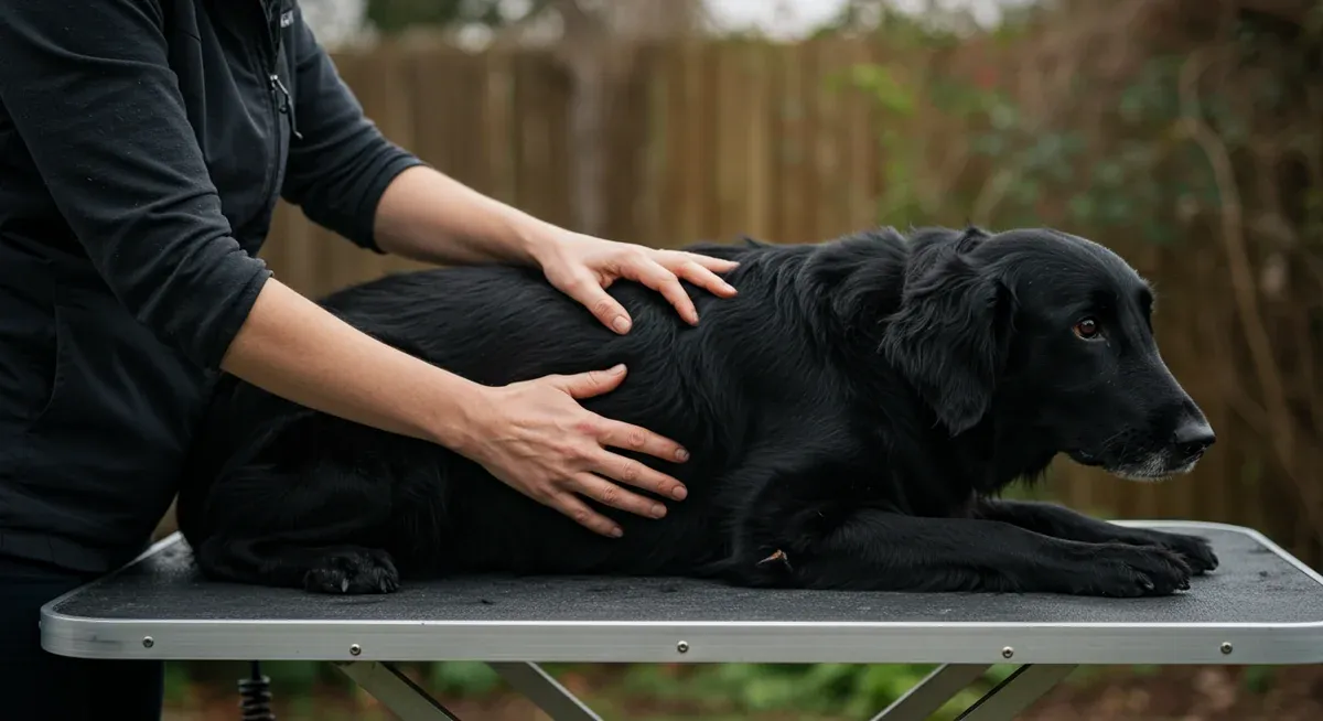 Dog owner conducting a routine health check on their Flat-Coated Retriever, demonstrating the hands-on monitoring techniques recommended for early detection of health issues
