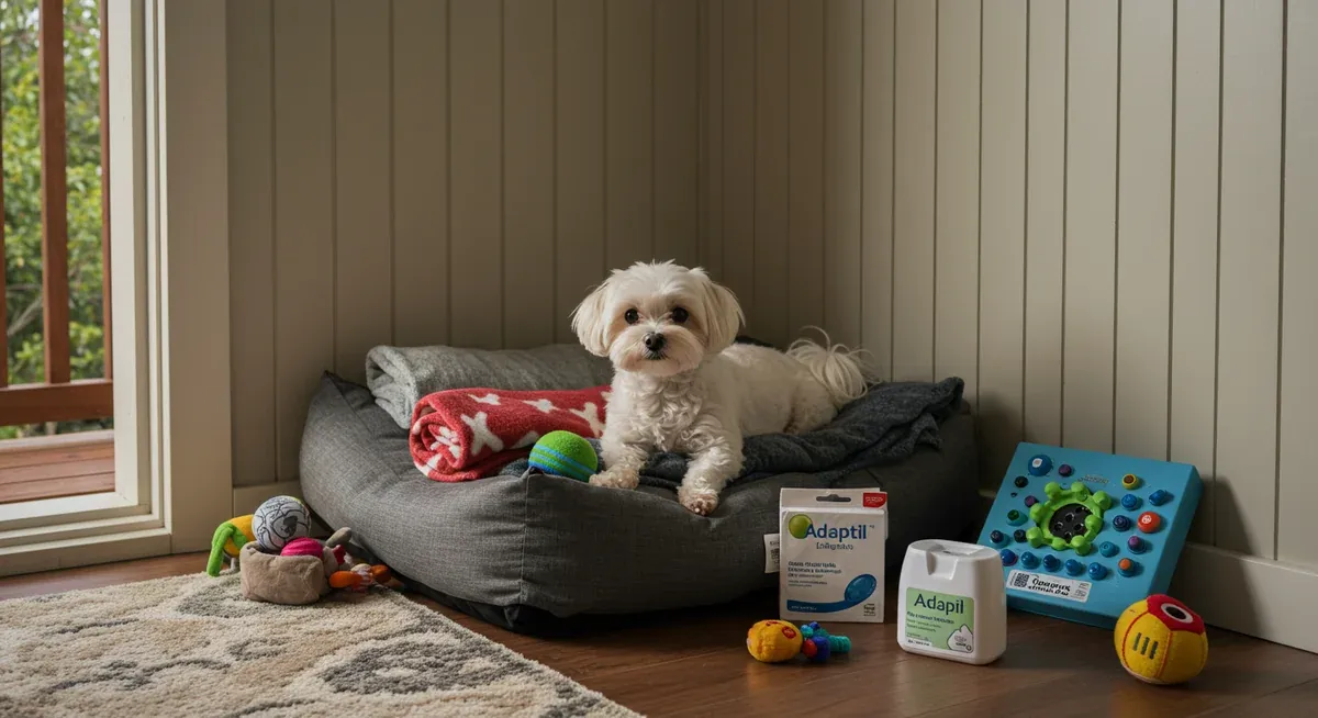 A comfortable safe space setup for a Maltese dog with bedding, toys, puzzle feeders and calming aids arranged in a quiet corner of a home
