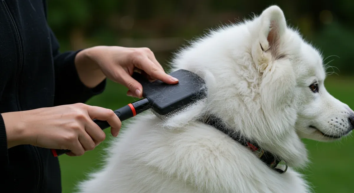 Close-up of hands brushing a Samoyed's coat behind the ear with an undercoat rake, demonstrating proper brushing technique and showing loose fur being removed