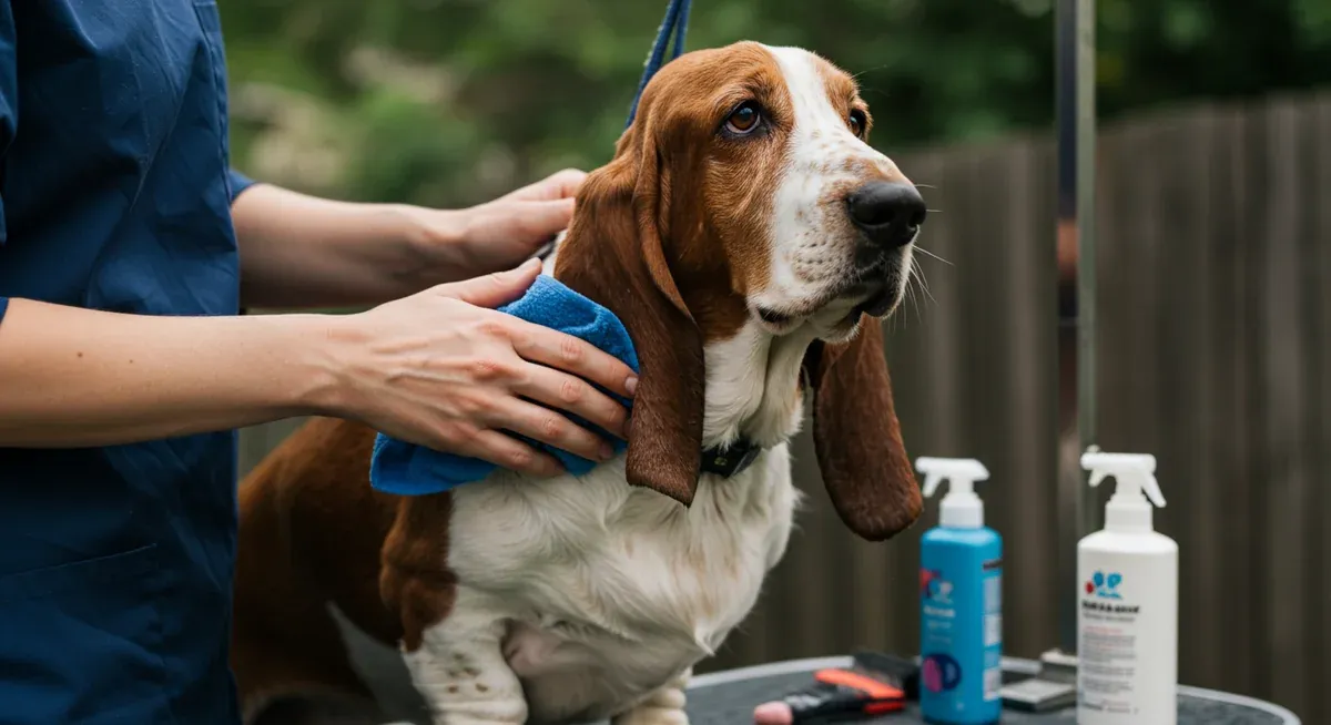 Basset Hound receiving professional grooming care with focus on cleaning skin folds, demonstrating proper bathing and maintenance techniques for odor management