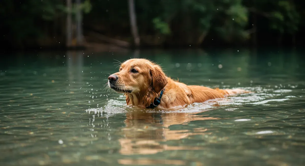 Golden Retriever swimming in water, demonstrating the ideal low-impact exercise recommended for weight management and joint health