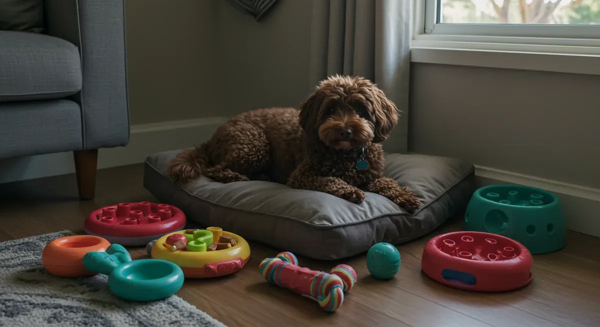 A relaxed chocolate Miniature Poodle on a comfortable bed surrounded by puzzle toys and enrichment items in a calm home environment designed to reduce separation anxiety