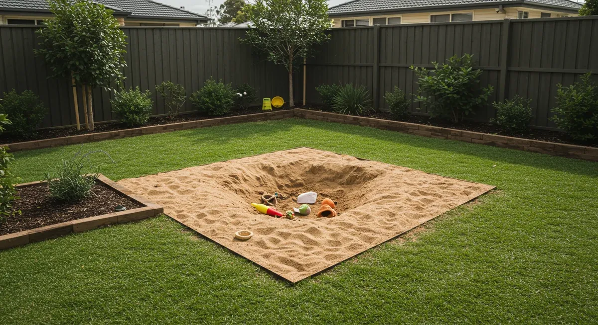 Designated digging area in backyard corner with buried toys, showing how to create acceptable digging boundaries for Australian Shepherds