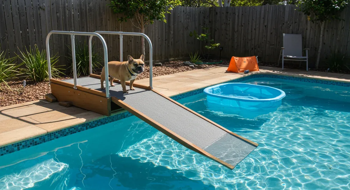 Swimming pool with safety ramp, barriers, and shallow areas designed for French Bulldog water safety