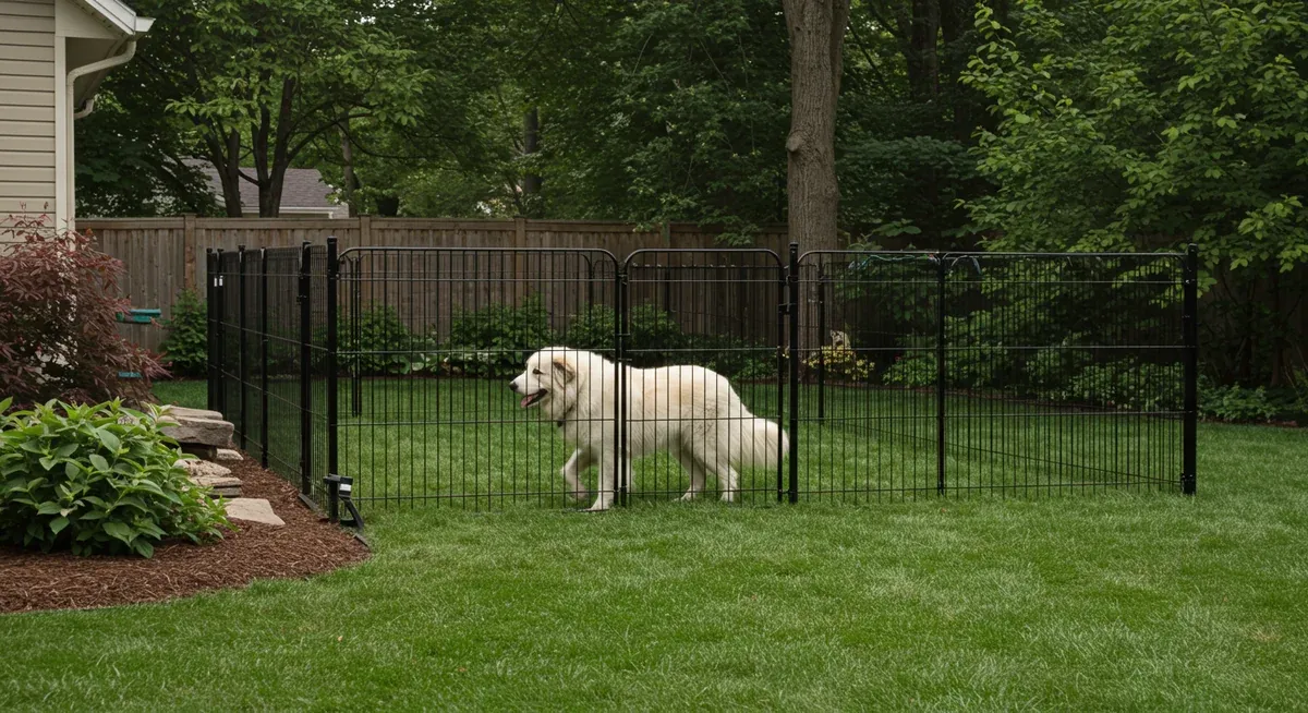 A properly fenced backyard with 5-foot tall secure fencing and a Great Pyrenees dog, demonstrating the essential containment requirements for the breed
