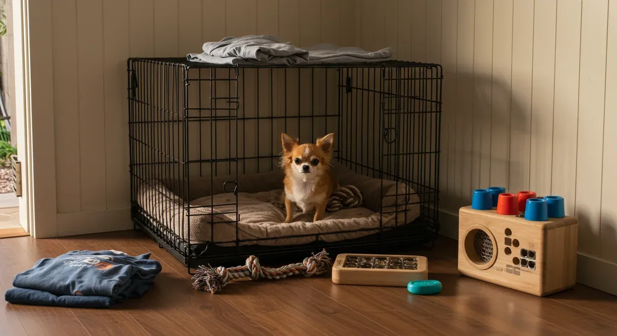 Comfortable safe space setup for Chihuahua with crate, bedding, toys, and puzzle feeders in a quiet home corner