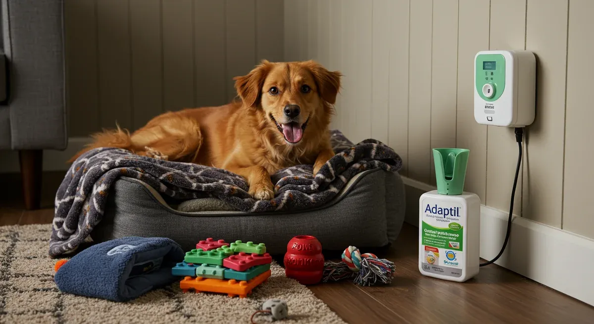 A comfortable dog area with bed, toys, and calming aids like pheromone diffuser, showing an ideal environment setup for managing separation anxiety