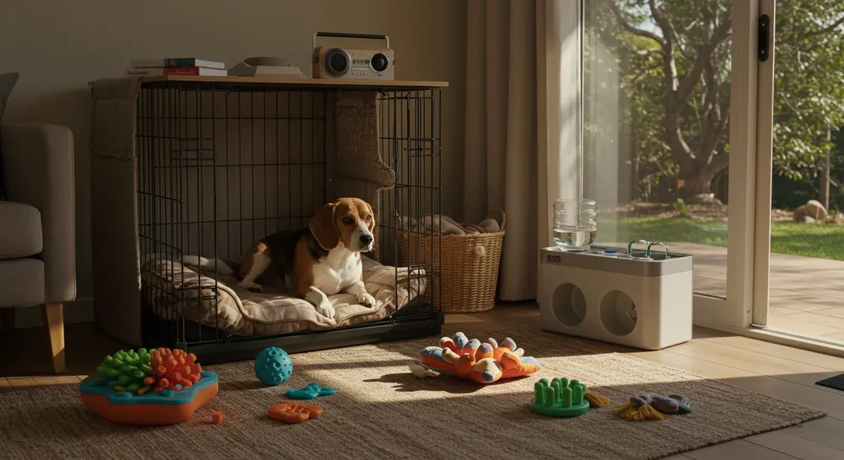 A well-prepared comfortable space for a dog with crate, toys, water fountain and calming elements to reduce separation anxiety