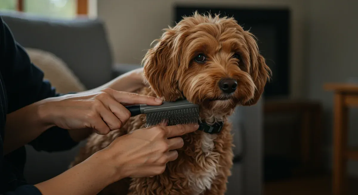 A Cavoodle being properly brushed with a slicker brush, demonstrating the daily brushing routine that prevents matting and coat problems