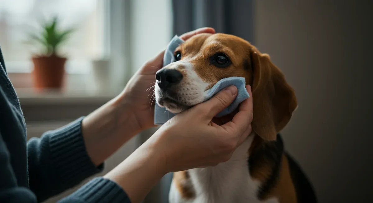 Hands gently cleaning around a Beagle's eye with a soft cloth, demonstrating proper daily eye care and prevention techniques for maintaining healthy eyes