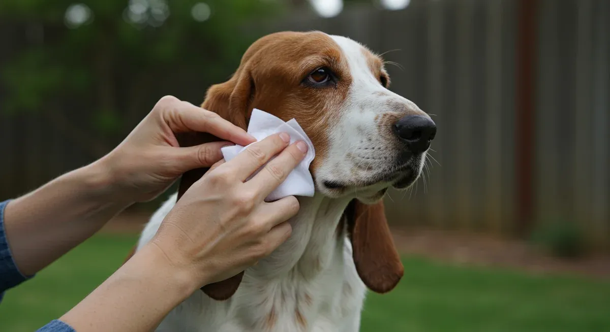 Demonstration of proper daily care showing hands cleaning a Basset Hound's facial folds with a veterinary wipe