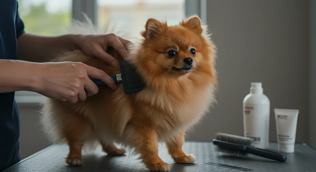 Pomeranian being properly groomed with a brush, demonstrating daily coat care routine that supports healthy fur growth
