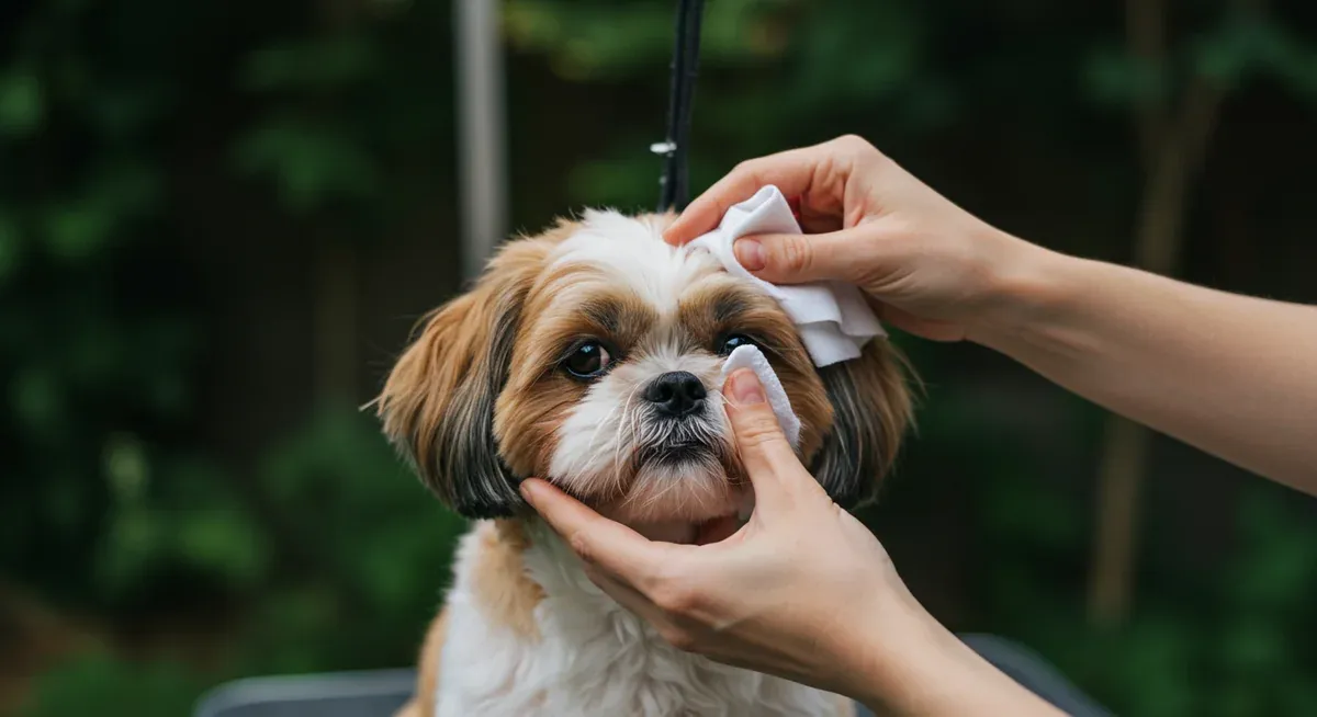 Demonstration of proper daily eye cleaning technique for a Shih Tzu using pet-safe wipes to prevent tear stain buildup