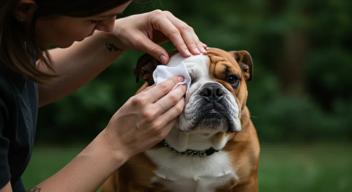 Owner demonstrating proper daily eye care technique by gently cleaning around their Bulldog's eye with appropriate cleaning materials