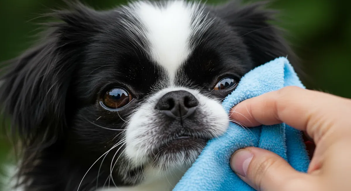 Close-up view of a Japanese Chin's prominent eyes during daily cleaning routine, demonstrating the gentle eye care required for this breed's distinctive facial features