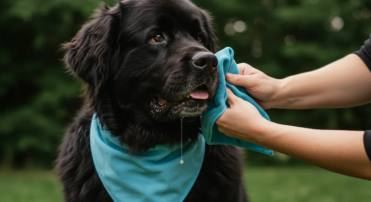 Owner managing a Newfoundland's drooling by wiping the dog's face while the dog wears an absorbent bandana, demonstrating practical daily care strategies