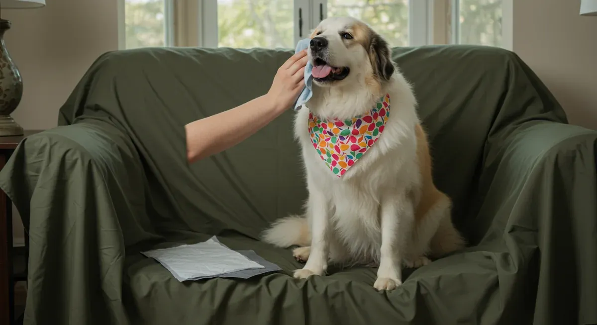 Great Pyrenees dog wearing a drool bandana with management tools like waterproof covers and cleaning cloths, demonstrating daily care strategies for managing excessive drooling