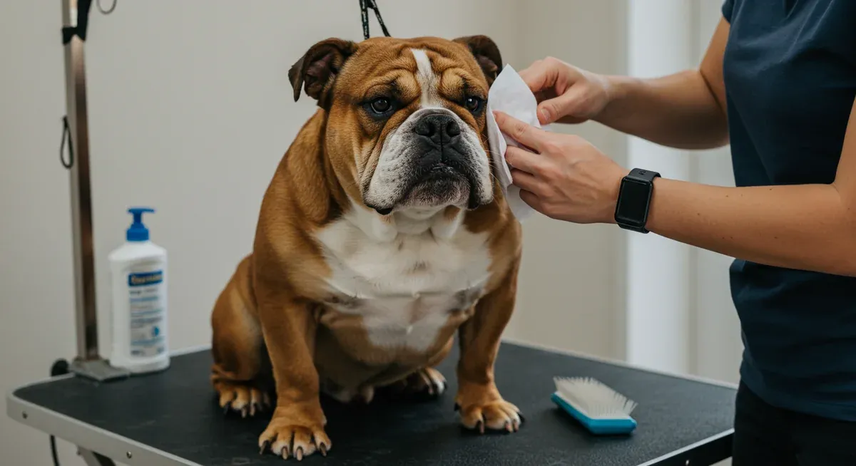 Owner carefully cleaning a Bulldog's facial wrinkles with medicated wipes as part of daily preventive skin care routine