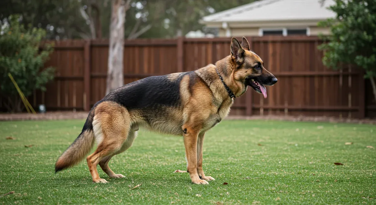 German Shepherd showing different ear positions and tail signals that indicate various emotional states from alert and happy to fearful and submissive