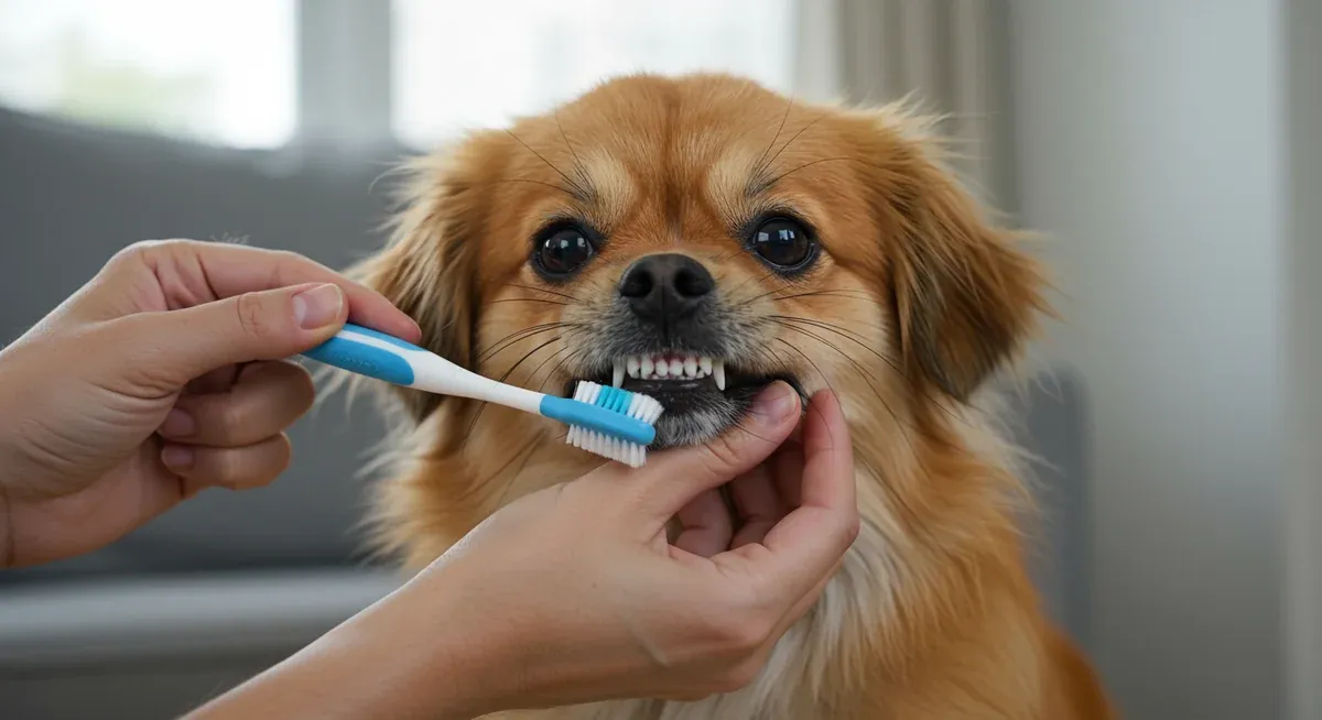 A Tibetan Spaniel receiving daily dental care with proper dog toothbrush, demonstrating essential dental hygiene practices for this breed's specific oral health needs