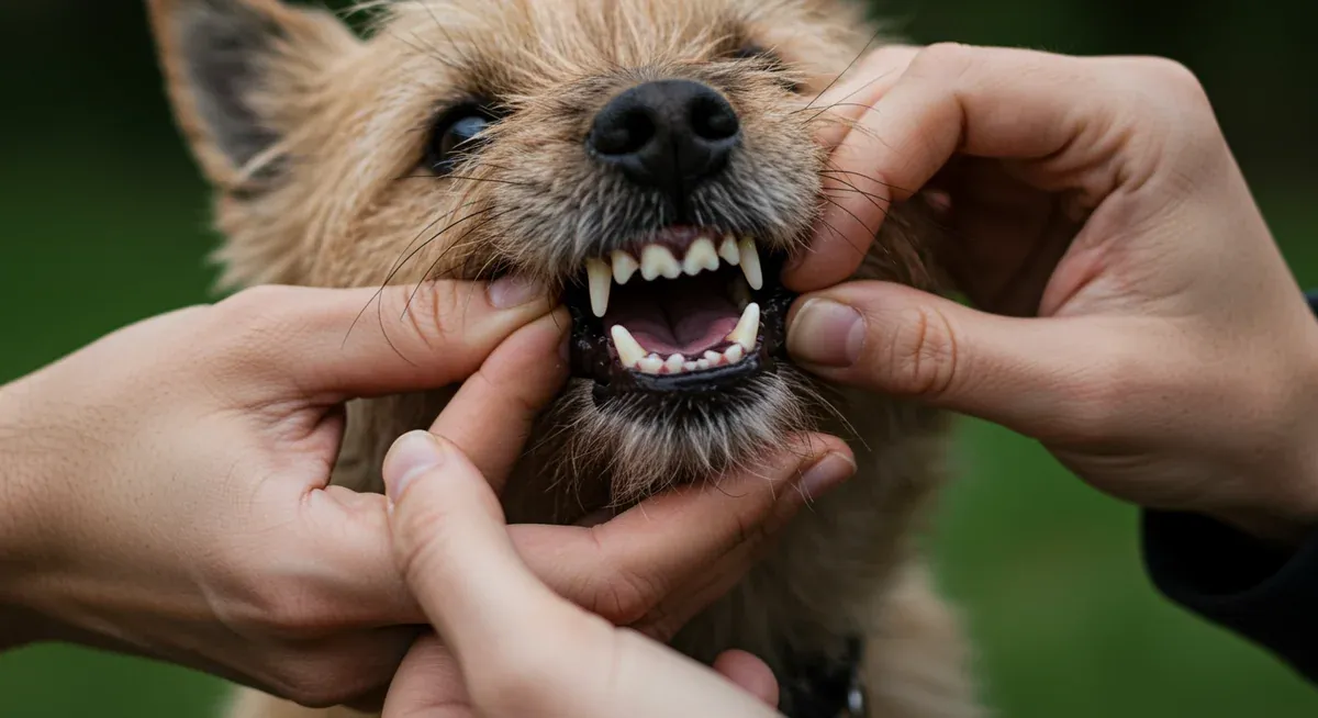 Close-up view of Cairn Terrier's teeth and gums during dental examination, illustrating the importance of dental health monitoring from age 2 years