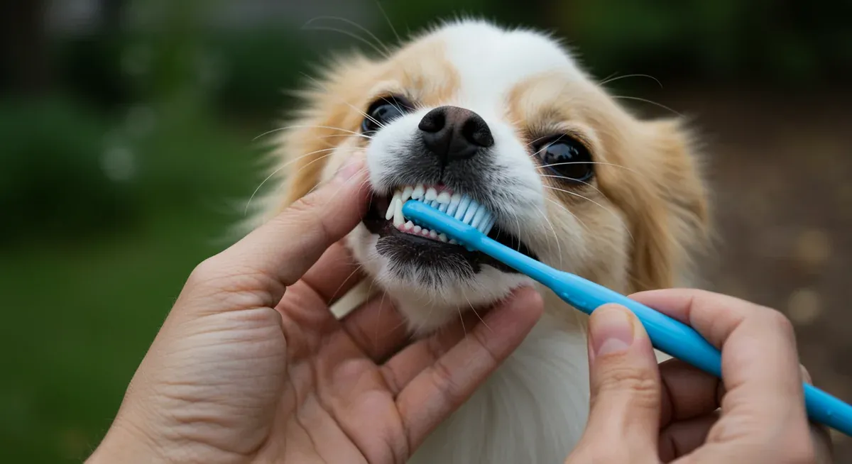 Close-up of a Japanese Spitz receiving dental care with a dog toothbrush, illustrating the importance of daily dental hygiene for this breed