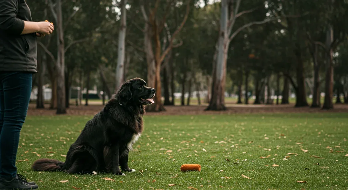 A Newfoundland dog calmly observing a person at distance during desensitization training, showing proper technique for reducing reactive barking triggers