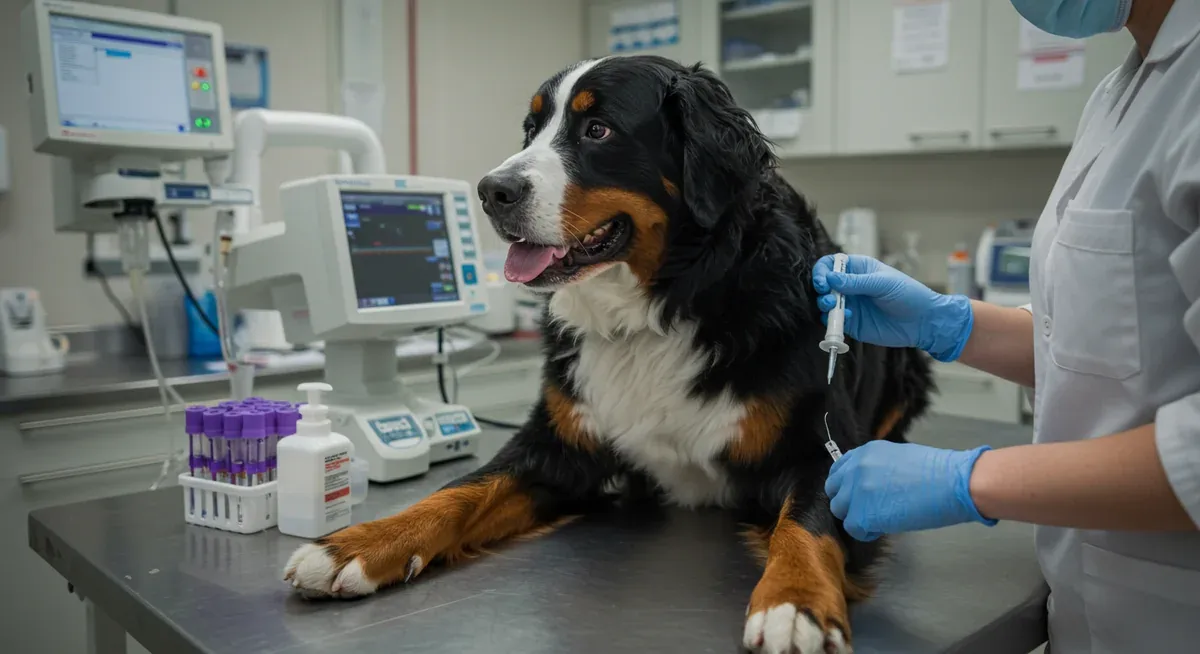 Veterinarian drawing blood from a Bernese Mountain Dog for cancer diagnostic testing, representing advances in early detection methods