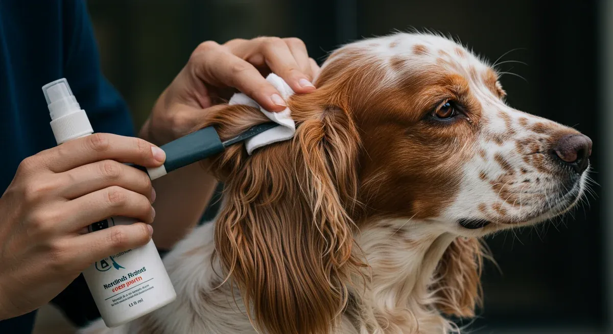 Close-up of proper ear cleaning technique being performed on a Clumber Spaniel's long ear, demonstrating the preventive care discussed for ear health management