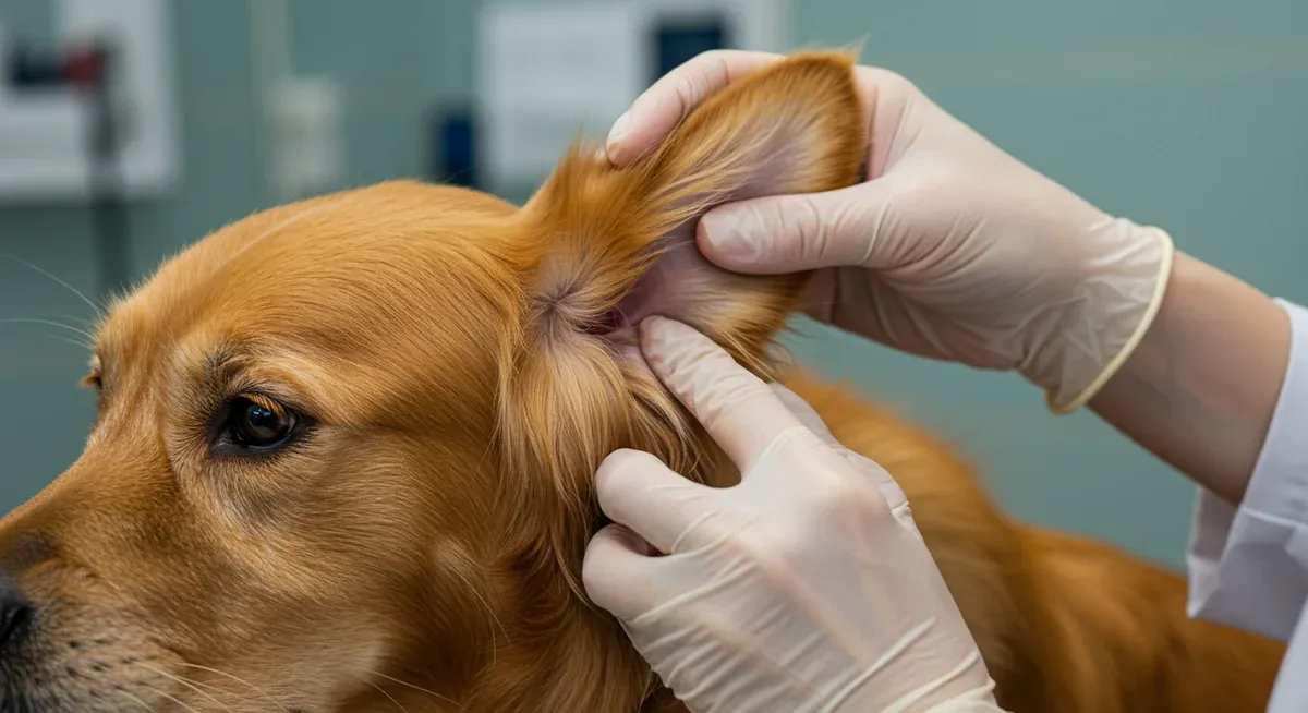 Veterinarian examining a Golden Retriever's floppy ear showing signs of allergic irritation and inflammation