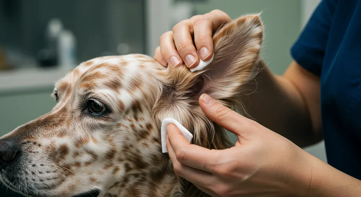 Close-up of English Setter ear being professionally cleaned, demonstrating proper ear care technique to prevent infections in this breed